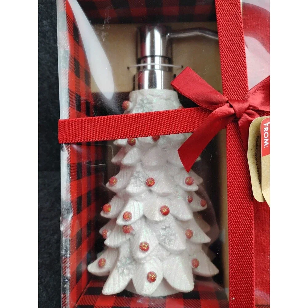 White Christmas Tree Soap Lotion Dispenser and 2 Red Fingertip Towels NEW in Box